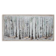 an abstract painting of trees in the snow