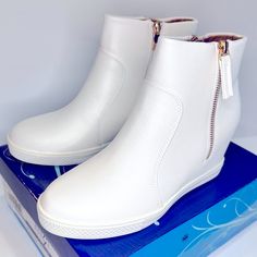 White, Wedge Shoe, Women’s 10, New, Never Worn, In Box Casual White Wedge Boots For Spring, White Synthetic Wedge Heel Boots, White Synthetic Wedge Boots, Trendy White Wedge Boots For Spring, Lace Up Wedge Sandals, Yellow Wedges, Leopard Print Wedges, Wedge Shoe, Brown Leather Wedges