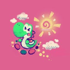 an image of a cartoon character on a pink background with sun and clouds in the background