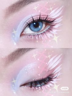 Pink Blue White Outfit, Pink Angel Makeup, Blue Pink Makeup Look, Pink Blue Makeup Looks, Pink And Blue Eyeliner, Pastel Eye Makeup Looks, Angel Like Makeup, Pastel Douyin Makeup, Cherry Blossom Makeup Look