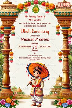 The image is a vibrant and culturally rich invitation card for a Dhoti Ceremony, an important traditional event in South Indian culture. The card features an ornate design with a bright and festive atmosphere, capturing the essence of the celebration. The background of the card is adorned with intricate patterns and traditional motifs. The top of the card showcases beautifully decorated pillars with floral garlands and colorful hanging lanterns, adding to the festive look. 
#SouthIndianTradition #FestiveInvitation #ElegantDesign #OrnatePatterns #CulturalHeritage #ColorfulInvite #FamilyEvent #CeremonyDetails #JoyousOccasion #TraditionalAttire #CulturalSignificance #IndianCelebration #VibrantDesign #CeremonyInvite Dhoti Ceremony Invitation, South Indian Culture, Colorful Invitations, Ornate Design, Theme Background, Traditional Motifs, Festive Look