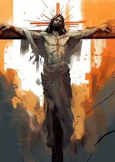 a painting of jesus on the cross with an orange background