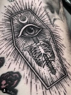 a man's arm with an all seeing eye tattoo on it and skeleton bones