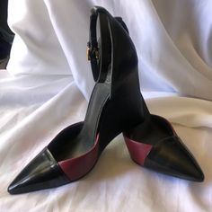 Excellent Condition.Two Toned In Color, Black And Wine. Classic Spectator Look. Dress Em Up Or Dress Em Whatever Ur Style Personality Entails. These Are The Statement. -Classic -Vintage -Ladylike -Sexy -Y2k -Streetwear -Fly -Businesswear 4 Inch Heel Formal Leather Wedge Sandals With 4-inch Heel, Formal High Heel Wedge Sandals With 4-inch Heel, Black High Heel Wedge Sandals With Sculpted Heel, Black Pointed Toe Wedge Sandals With 4-inch Heel, Black Wedge Sandals With 4-inch Heel And Pointed Toe, Designer Ankle Strap Wedge Sandals For Formal Occasions, Chic Leather Wedge Heels, Elegant Black Wedge Sandals For Work, Chic Formal Wedge Sandals