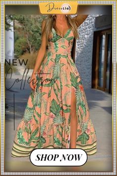 Tropical Print High Slit Maxi Dress P16068 Polynesian Dresses, Jungle Dress, Clothes Kawaii, Polynesian Dress, Tropical Maxi Dress, Tropical Outfit, Prom Dress Shoes, Hawaii Outfits, Lace Trim Dress