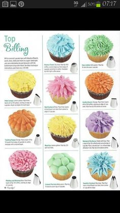 an advertisement for cupcakes with different colored frosting