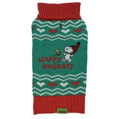 a green and red dog sweater with an image of a cartoon character on the front