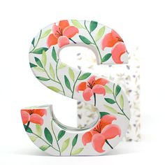 the letter s is decorated with flowers and leaves on it's sides, along with a white background