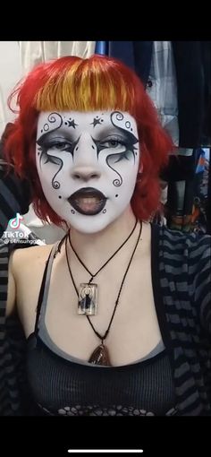 White Face Makeup Looks, Clown Makeup Messy, White Face Goth Makeup, No Eyebrows Makeup Look Goth, Alt Drag Makeup, Creative Alt Makeup, Rainbow Goth Makeup, Whimsical Goth Makeup