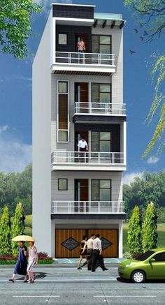 two people walking in front of a tall building with balconies on the second floor