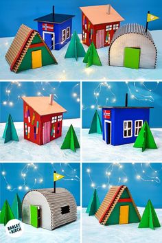 four pictures of different houses made out of paper and colored construction materials in the snow