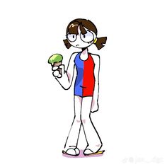 a drawing of a girl holding an ice cream cone in one hand and a green apple in the other