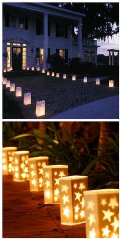 lighted paper lanterns in the shape of stars are on display outside at night and inside