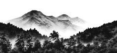 black and white drawing of mountains with trees