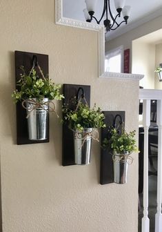 three metal buckets with plants hanging on the wall