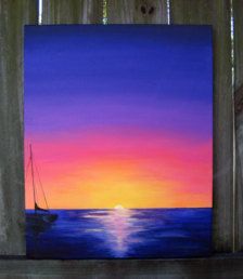 a painting of a sailboat in the ocean at sunset on a wooden fence post