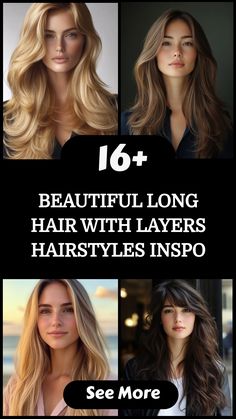 Collage of four women showcasing long layered hairstyles, promoting hairstyle inspiration.