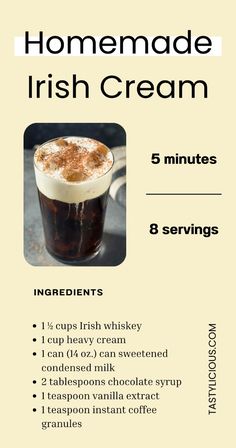 the ingredients for homemade irish cream are shown in this recipe book, which includes instructions to make