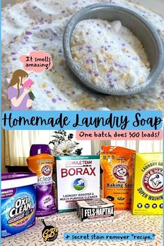 homemade laundry soap is shown in this collage