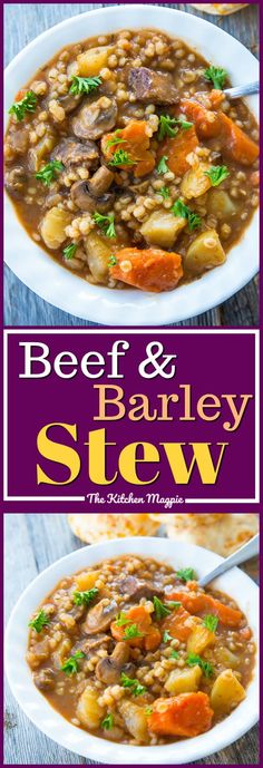 beef and barley stew with carrots in a white bowl