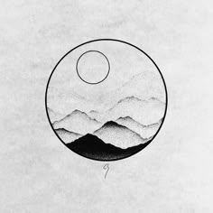 a black and white drawing of mountains in a circle with the moon above it on a piece of paper