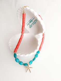 Elevate your style and connect with the soothing energies of the sea with our exquisite Red Coral and Turquoise Natural Stone Necklace. Red Coral, with its vibrant red hue, symbolizes passion and vitality. It is believed to promote courage and inner strength. This unique cylindrical coral pendant adds a bold and distinctive touch to your look. Turquoise, in its beautiful drop shape, is known for its calming and protective properties. It is said to enhance communication and self-expression while promoting a sense of tranquility. The combination of these two natural stones creates a harmonious blend of energy and style. Wear this necklace as a statement piece for special occasions or as an everyday reminder of the ocean's serenity. It's a perfect gift for yourself or a loved one who apprecia Red Coral Necklaces For Beach, Orange Gemstone Beads Jewelry For Beach, Starfish-shaped Beaded Necklace For Gift, Red Gemstone Beads Necklaces For The Beach, Starfish Shaped Beaded Necklace For Gift, Starfish Shaped Beaded Necklaces For Gift, Multicolor Starfish Necklace As Gift, Handmade Red Coral Jewelry For The Beach, Bohemian Beaded Necklace With Starfish Charm As Gift