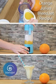 an orange juice blender being used to make a smoothie