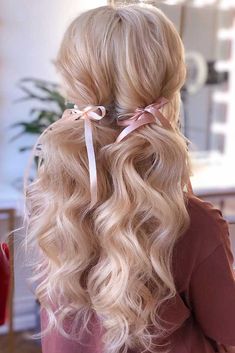 Cute Long Hair Ponytails, Ponytails With Ribbons, Low Pigtails With Ribbon, Interesting Ponytails, Coquette Ponytail, Cute Pink Hairstyles, Long Hair With Ponytail, Hair Two Ponytails, Hair Ideas Up