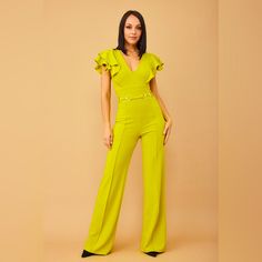 Layered Ruffle Shoulder Jumpsuit W/Buckle Detail Plunging V, Joint Double D Ring On Waist Fitted V-neck Jumpsuit With Ruffles, Fitted Green Jumpsuits And Rompers With Ruffles, Green Fitted Jumpsuit With Ruffles, Fitted Jumpsuits And Rompers With Ruffles And V-neck, Fitted Ruffle Jumpsuits And Rompers For Work, Fitted Ruffled Jumpsuits And Rompers For Work, Ruffled Jumpsuits And Rompers For Work, Fitted Ruffles Jumpsuits And Rompers For Work, Jumpsuit Fashion