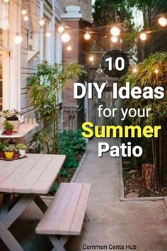 an outdoor patio with lights strung from the ceiling and wooden picnic table in the middle