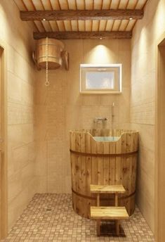 a bathroom with a wooden tub and tiled floor