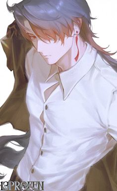 an anime character with long hair wearing a white shirt