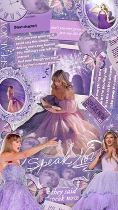 the collage shows two women dressed in purple dresses and one is holding a book