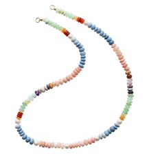 Introducing our latest must-have in jewelry collections inspired by our favorite childhood candy treats! This Mentos inspired necklace will add a playful but subdued burst of color into any stack.Assorted Opaque Opal Rondelles and Pearls with 14K ring connectors at each end. Perfect for your favorite baby lock. 18" Length Pastel Gemstone Beads Jewelry For Gifts, Pastel Jewelry With Colorful Beads As Gift, Pastel Jewelry With Colorful Beads For Gifts, Rainbow Rondelle Necklace For Gift, Rainbow Rondelle Necklace Gift, Adjustable Rainbow Hand-strung Necklaces, Multicolor Single Strand Rondelle Jewelry, Multicolor Rondelle Single Strand Jewelry, Everyday Multicolor Gemstone Beads Necklace