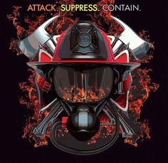 a firefighter's helmet with flames surrounding it and the words attack suppress - contain