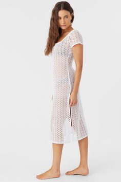 Complete your beach look with this crochet midi cover-up dress. It features a square neck, low back detail and solid color wash. O'Neill Women's crochet cover-up dress Midi length Square neckline, low back High side slits Tassel neck ties 65% Polyester, 35% Cotton White Crochet Dress For Poolside In Spring, White Crochet Dress For Poolside Spring Occasion, White Crochet Dress For Poolside Spring Events, White Crochet Beachwear Dress For Poolside, White Summer Crochet Dress With Open Knit, White Open Knit Beach Dress For Summer, White Crochet Dress For Poolside And Beach Season, White Long Crochet Dress For Beach Season, White Open Knit Dress For Beach Season