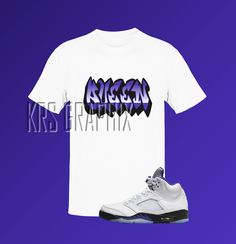 This t-shirt inspired by the Jordan 5s Retro 'Concord' colorway is everything you've dreamed of and more. It feels soft and lightweight, with the right amount of stretch. It's comfortable and flattering for both men and women. This Jordan inspired design is perfect for sneakerheads everywhere!  * 100% combed and ring-spun cotton (Heather colors contain polyester) * Ash color is 99% combed and ring-spun cotton, 1% polyester * Heather colors are 52% combed and ring-spun cotton, 48% polyester * Ath Jordan 5 Concord, Jordan 5s, Jordan 3s, Sneaker Match Tees, Shoe Display, Matching Jordans, Jordan 5, Graffiti Styles, Ash Color