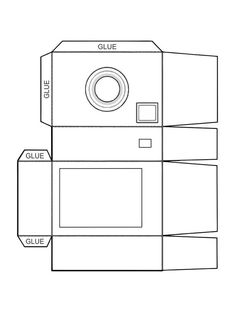 a drawing of a cube with the word glue on it and an image of a camera inside