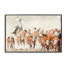 a painting of a cowboy on horseback herding cattle