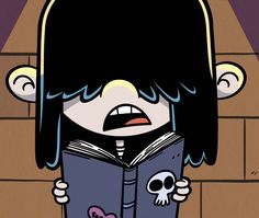 a cartoon character is reading a book with a skull on it's face and eyes