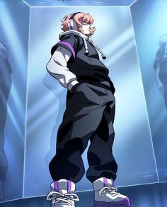 an anime character is standing in front of a glass wall with his hands on his hips