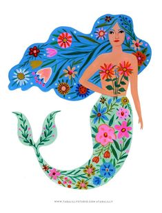 a drawing of a mermaid with flowers on it's tail