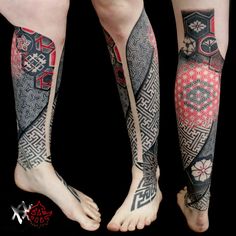 two people with tattoos on their legs and one is wearing an elaborate tattoo design, while the