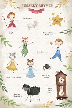 an illustrated poster with different types of animals and people in their respective outfits, including children's names