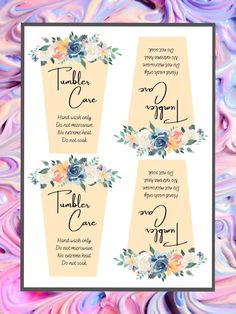 wedding seating cards with flowers and leaves in pastel pink, yellow and blue colors