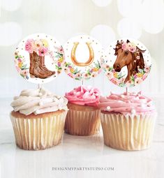 three cupcakes are decorated with cowboy boots and pink frosting, one has a horse head on top