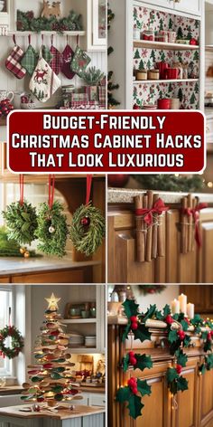 christmas themed kitchen decor with red and green decorations on the cabinets, wreaths and garlands