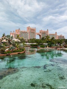 the water is clear and blue in front of some buildings with palm trees around it