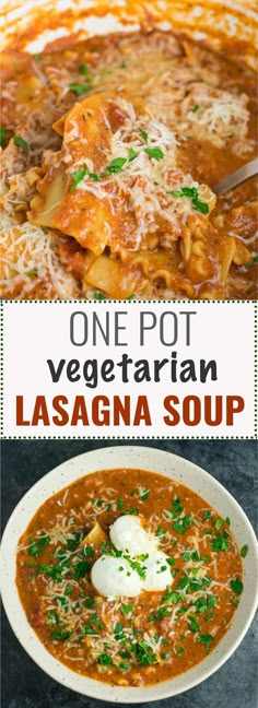 one pot vegetarian lasagna soup in a white bowl