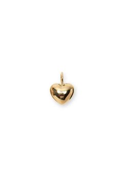 14k gold puffy heart necklace charm.    necklace sold separately.    - 14k gold  - charm height: 0.5"  - charm depth: 0.2"  - interior diameter of ring: 3.3mm  - made in india Yellow Gold Heart Charm Round Pendant, 14k Gold Heart Charm Necklace With Round Pendant, 14k Gold Charm Necklace With Heart Pendant, 14k Yellow Gold Charm Necklace With Heart Charm, Gold Plated Heart Charm Pendant, 14k Gold Heart Charm Necklace In Yellow Gold, Yellow Gold Heart Charm Pendant, 14k Gold Charm Necklaces With Heart Charm, Yellow Gold Heart Necklace With Round Pendant